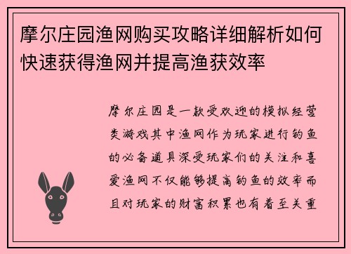 摩尔庄园渔网购买攻略详细解析如何快速获得渔网并提高渔获效率